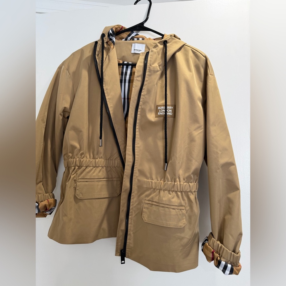 Burberry Beige Hooded Jacket with Plaid Accents